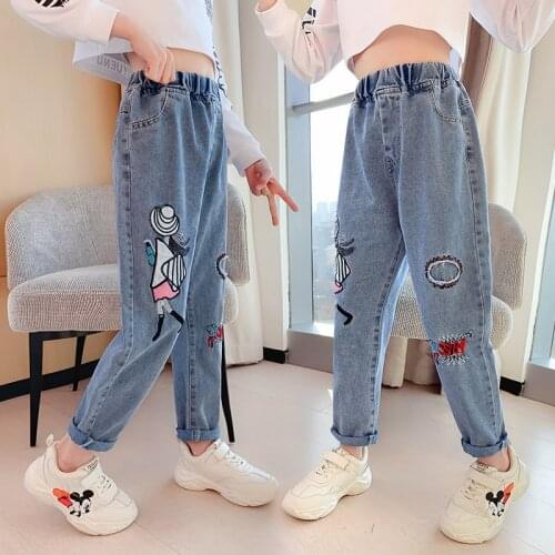 Teenagers Kids girls jeans 2021 Arrival Korean Fashion Casual Girls pants Elastic Waist Cartoon Denim trousers Childrens Jeans