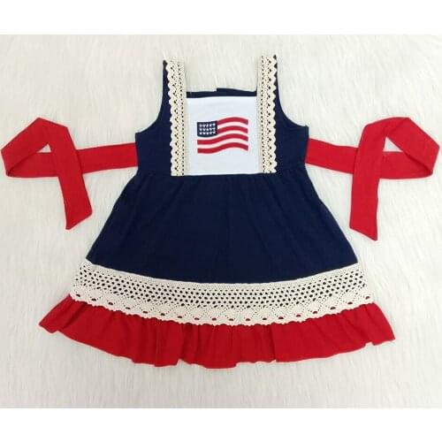 Kids summer lace dresses July 4th girl twirl dress with embroidery craft little girl flag dress with belt