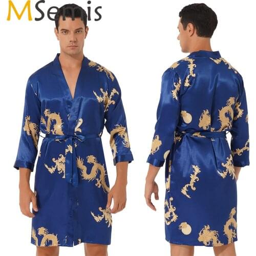 Mens Satin Robe Lightweight Silk Spa Bathrobe Belted with Shorts Nightgown Long Sleeve House Kimono Dragon Printed Bathrobe Set
