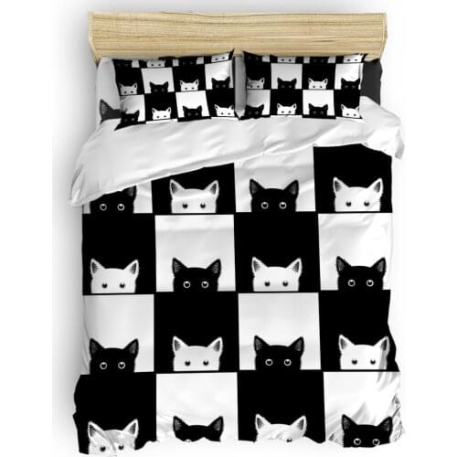 Black White Plaid Cat Duvet Cover Set 2/3/4pcs Bedding Set Bed Sheet Pillowcases Cover Set