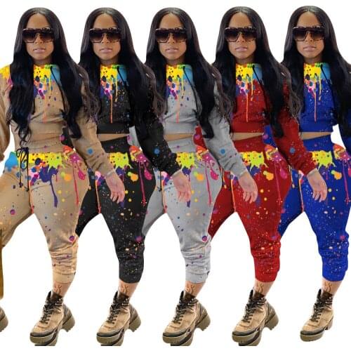 Fashion Print Hoodie Sets Women Long Sleeve Crop Top and Drawstring Pants Two Piece Set Splash Ink Tracksuit Winter Outerwear