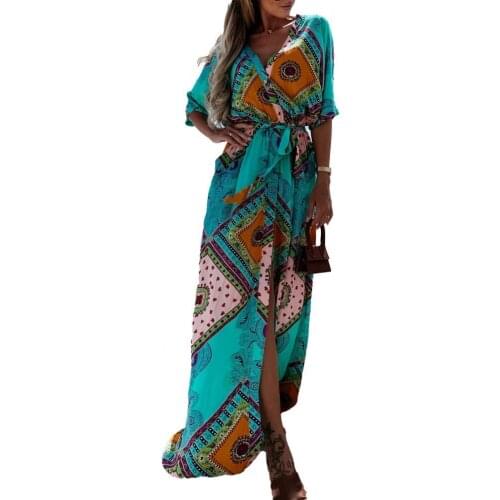 Summer Fashion Women Dress Boho Print V Neck High Split Hem Lace-Up A-Line Dresses Plus Size Dresses Beachwear