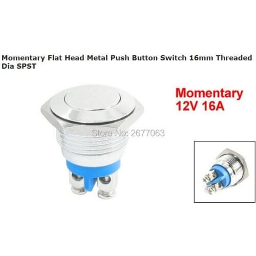Momentary Flat Head Metal Push Button Switch 16mm Threaded Dia SPST Flat
