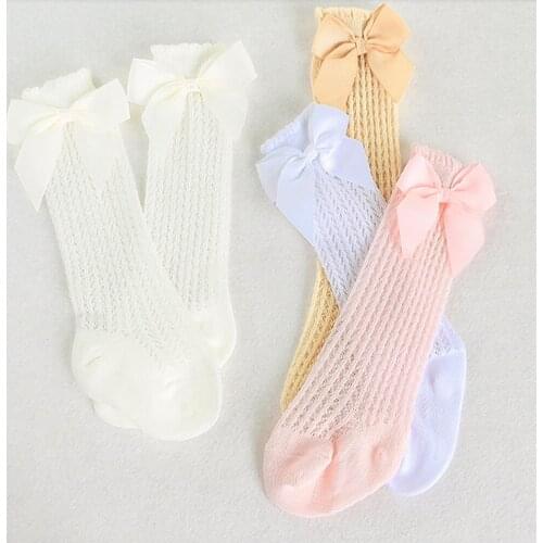 Cute Girls Knee High Socks Bows Cotton Breathable Soft Children Socks Hollow Out Non-slip Newborn Infant Long Sock