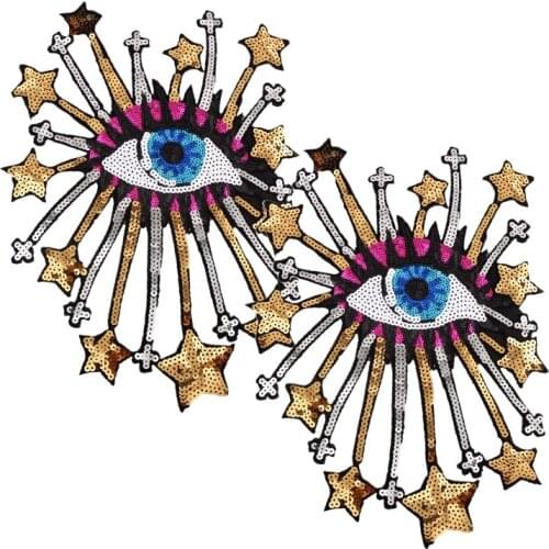 Cartoon Colorful Big Stars Eye Sew/Iron On Appliques Glitter Sequins Embroidery Patches for Clothing Art DIY Badge Decor