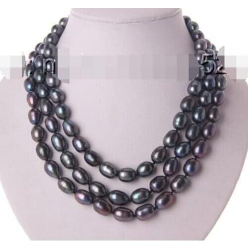 Stunning 3rows big 9mm baroque black freshwater cultured pearl necklace s2173