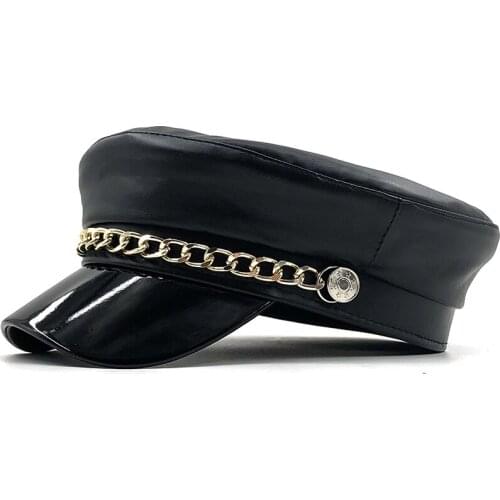 Simple Women Black Military Hats Autumn Winter Fashion Wool Pu Leather Chain Newsboy Caps With Belt Female Gorras