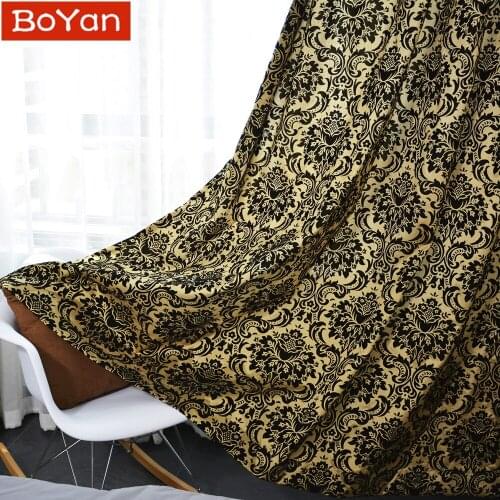 Latest Luxury Golden Flocked Curtain for Living Room Cortinas in Bedding Room Window Curtain Salon Home Decor Accessories