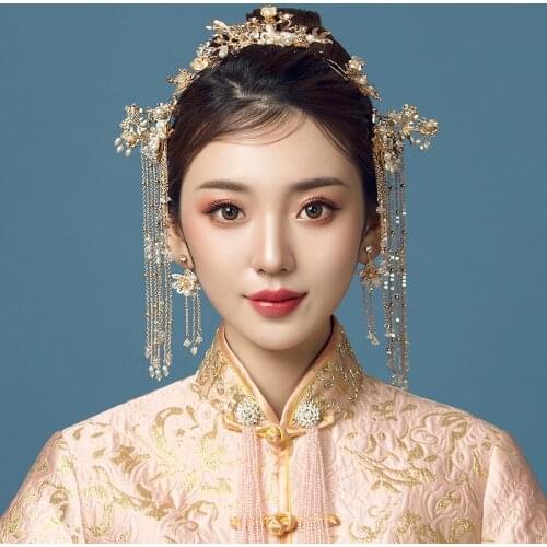 Bride Traditional Gold Hair Combs Pearl Headpiece Hairpins Chinese Wedding Headbands Hair Ornaments Accessories Bridal Hair Pins