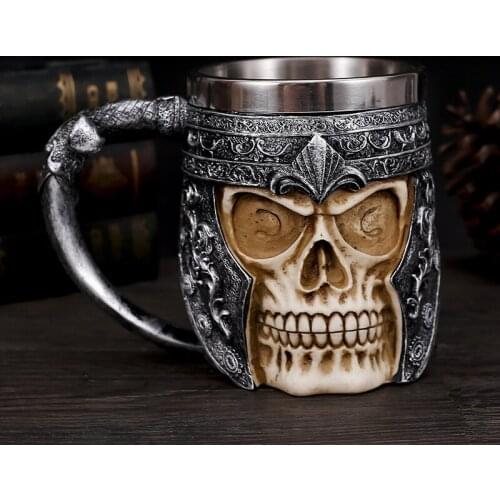 Creative 3D Skull Goblet Retro Resin Stainless Steel Beer Mug Skull Knight Coffee Water Cup Viking Tea Mug Bar Decoration