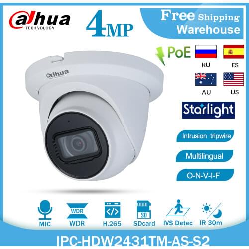 Dahua CCTV IP Camera IPC-HDW2431TM-AS 4MP Onvif POE H265+ bulit-in MIC Mini Outdoor Starlight Surveillance Video Dome Camera