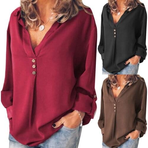Plus Size Spring Autumn Women Loose Solid Color V Neck Long Sleeve Shirt Blouse Casual High Quality Shirt Top