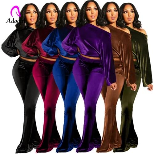 Velvet Women 2 Piece Set Solid Long Sleeve Crop Top + Wide Leg Women Flare Pants Matching Set Elegant Office Lady Active Outfits