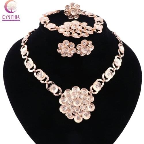 Women Crystal Bracelet Ring Earring Gold color African Bead Bridal Wedding Statement Flower Pendant Necklace Jewelry Sets golden