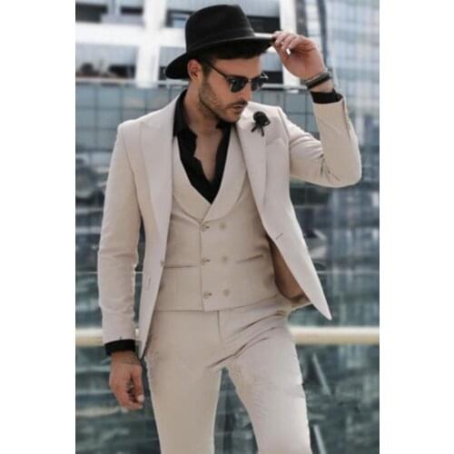 2021 Tailor Made Casual Beige 3 Pieces Suits For Men Groom Tuxedo Terno Slim Fit Business Best Man Blazer Party Wedding Suits