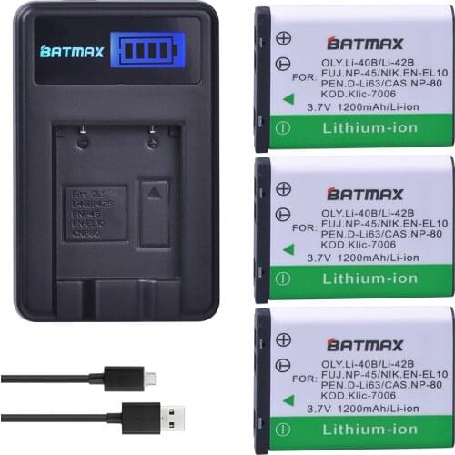 3Pcs LI-40B LI40B LI 40B LI-42B EN-EL10 Camera Battery + LCD USB Charger for Olympus Li-42B Pentax D-Li63 Fuji NP-45 Nik EN-EL10