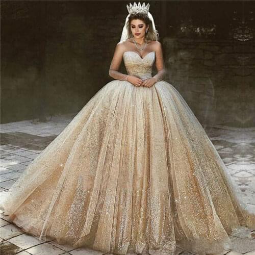 Sparkly Champagne Wedding Dress 2019 Sweetheart Illusion Long Sleeve Sequined Tulle Ball Gown Ruched vestido de noiva