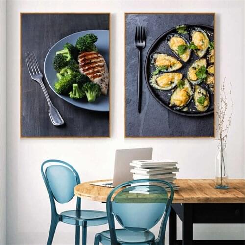 Vegetable Broccoli Meat Mussels Kitchen Canvas Painting Cuadros Scandinavian Posters Prints Wall Art Picture Living Room Decor
