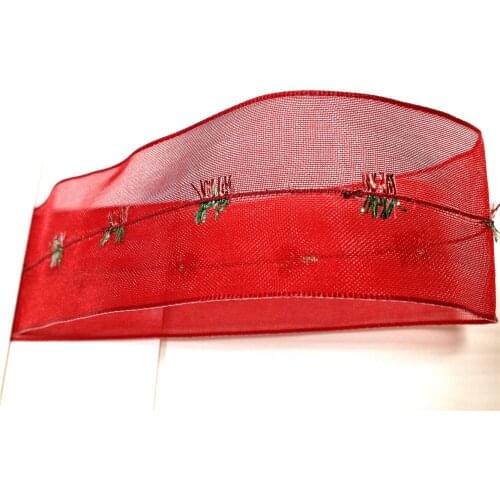 38MM X 25 Yards Red with scallion Organza Wire Edge Ribbon for Birthday Decoration Gift Wrapping 1-1/2" N2157