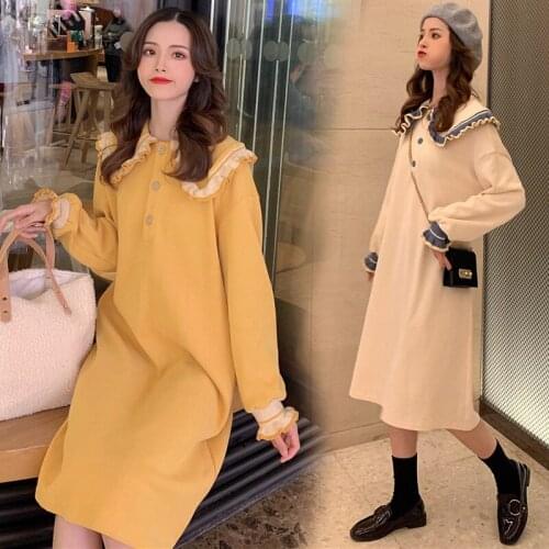 Autumn Winter Maternity Dress Loose Ruffles Patchwork Peter Pan Collar Knitted Dress for Pregnant Women Pregnancy Clothes