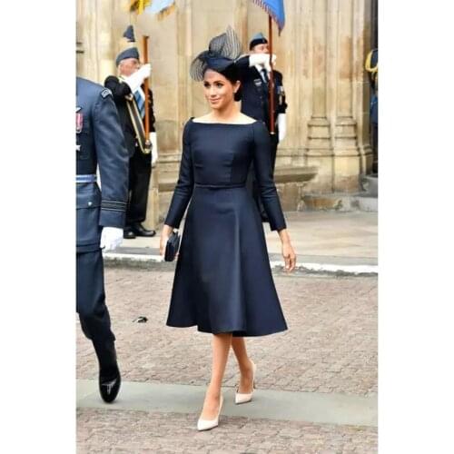 Verngo Navy Blue Satin Evening Dress Long Sleeves Boat Neck Knee Length Party Gowns Women Simple Formal Occasion Dress Cloth