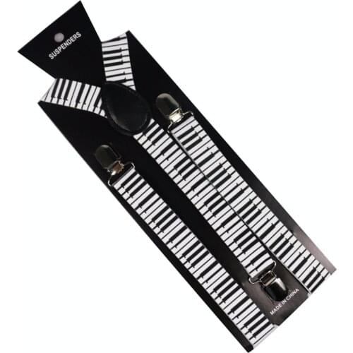 Winfox Unisex Adult Clip-on Suspenders Black White Piano Keyboard Pattern Elastic Y-back Suspenders Braces For Women Men