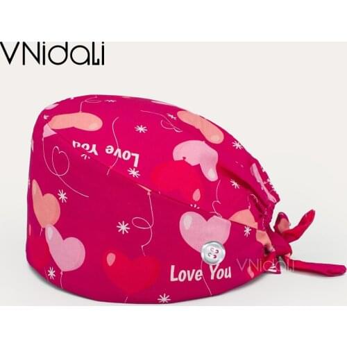 Pink love balloon printing Adjustable Cotton Work Scrub Cap Bouffant Hat Head Scarf Pet Grooming Agency Scrubs Hats