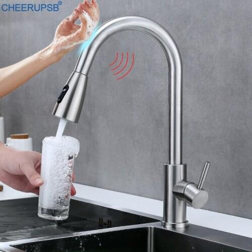 Kitchen Touch Sensor Faucet Hot Cold Water Mixer Smart Crane One Hole Single Handle Auto Tap Brush Stainless Steel Faucets Grifo