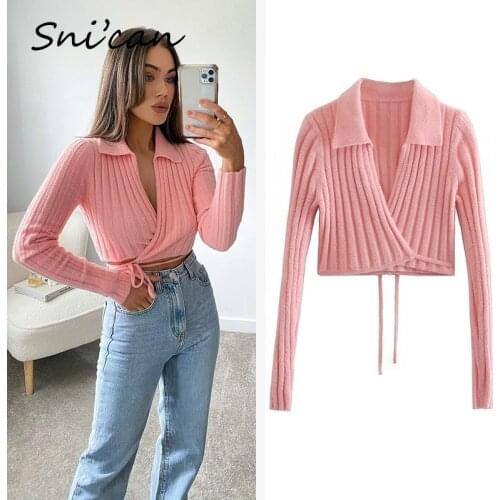 Snican Solid Long Sleeve Drawstring Sexy Cropped Tops Sweater Za 2021 Women Fashion Turn Down Collar Pullover Ladies Jumper New