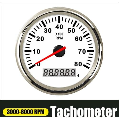 85mm Tachometer 3-8K RPM Tacho Meter with LCD Hourmeter For Car Boat 12V/24V Red Backlight Marine Gauge