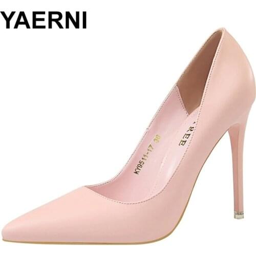 YAERNI Heels Shoes Woman Womens big size High heel Pink Pumps Spring Point Office Heeled Matte Sweet Blue pink Size 42 43 Femal