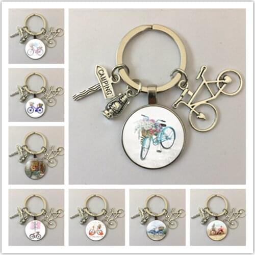 Vintage bicycle and flower basket picture glass convex dome DIY keychain, minimalist bicycle silhouette art keychain