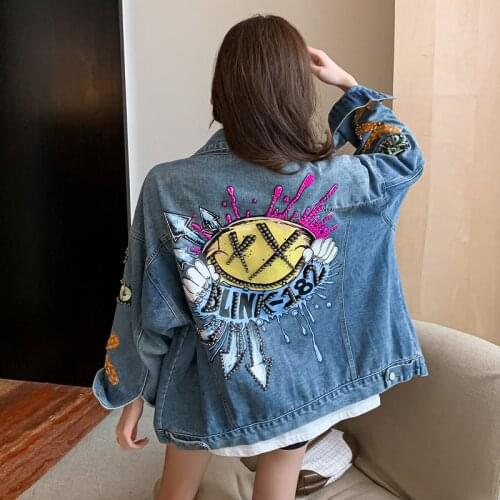 Autumn European Station 2021 New Denim Jacket Female Heavy Industry Flash Diamond Loose Version Wild Hip-hop Jacket Top Trend