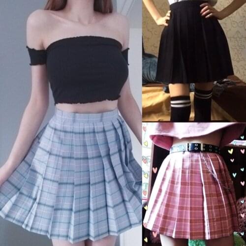 Spring and Summer High-waist Harajuku Womens Short Skirt High-waist Pleated Plaid Solid Color Mini Skirt for Students