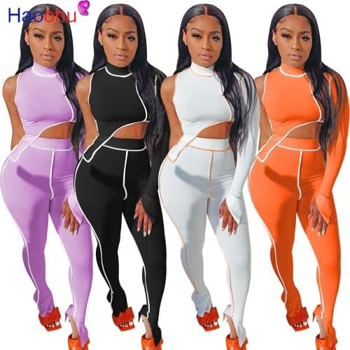 HAOOHU Sportwear Womens Set One Shoulder Irregular Crop Top Slit skinny Pants Set Tracksuit Two Piece Outfit Sweatsuit