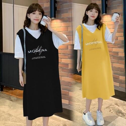 00239# T Shirt + Dress Maternity Clothes Loose Letter Printing Short Sleeves Dress Pregnant Women Mom Dress Suits