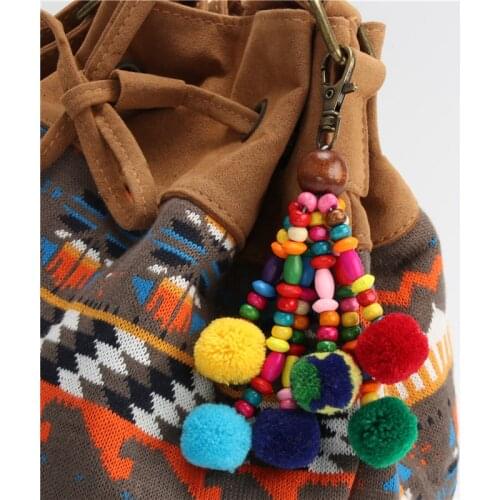 1pc 2019 New Pompom Keychains With Colorful Wooden Beads Bohe Style Tassel Handamde Bag Hanging Pendant