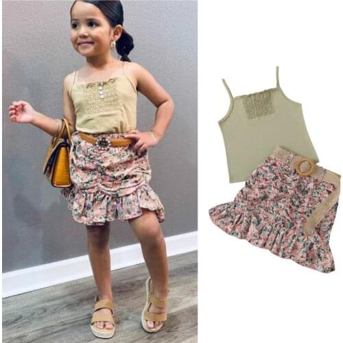 2Pcs Little Girls Outfit Summer Children Sweet Solid Color Suspender Sleeveless Top + Floral Printing Short Skirt Set
