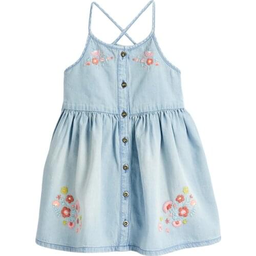 Girl 2021 Summer Casual Cotton Sleeveless Shirt Dress Flower Applique Light Blue Button Sundress for Kids 2-7 Years S0922