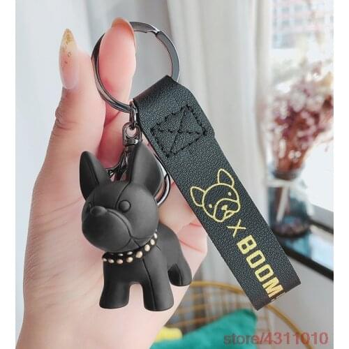 Fashion Punk French Bulldog Keychain PU Leather Dog Keychains for Women Bag Pendant Jewelry Trinket Mens Car Key Ring Key Chain