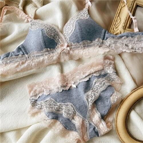 Bra thin no steel ring anti-sagging lace cotton comfortable bralette pure color simple underwear set sexy gathering lingerie