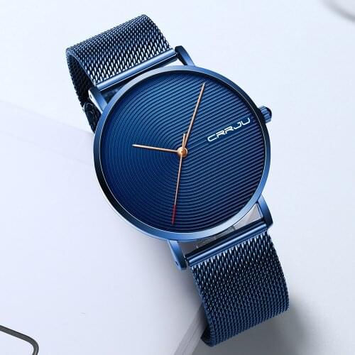 CRRJU Luxury Mens Fashion Business Calendar Watches Blue Stainless Steel Mesh Belt Analog Quartz Watch relogio masculino