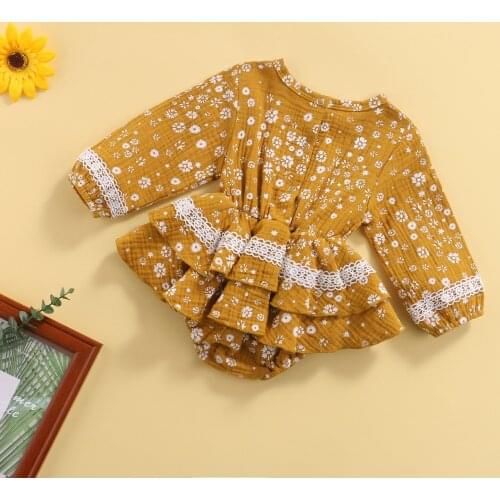 Princess Baby Girls Sweet Style Romper Dress Infant Spring Autumn Floral Printing Lace Splicing Long Sleeve Casual Jumpsuit