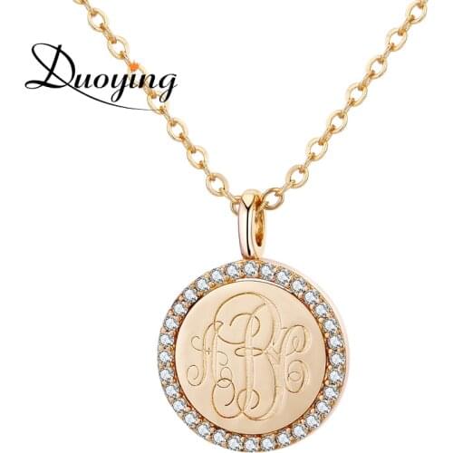 Duoying Gold Coin Letter Necklaces Personalized Custom Monogram Initial Name Zirconia Bling Shinny Disc Love Necklaces