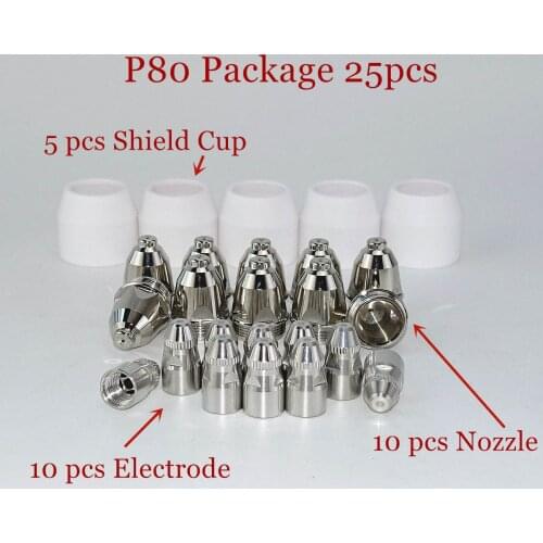 P80 Plasma Cutting Torch Consumable 25pcs, Plasma Torch Shield Cup Tip Electrode Nozzle