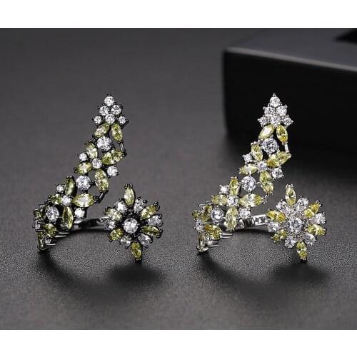 Kemstone Elegant Zircon Black Green Silver Plated Adjustable Cuff Ring Jewelry Gift for Women