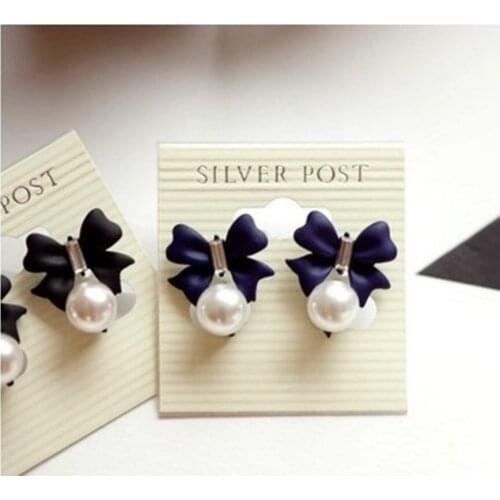 Korea Fashion Rhinestone Bowknot Pearl Pendant Earrings Blue Black Butterfly Earrings Ladies Jewelry