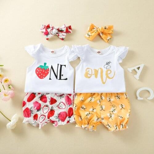 Summer Little Girls Clothes Set Infant Baby Outfit Children 3Pcs Sweet Style Top + Shorts + Bow Headwear 6-18 Month