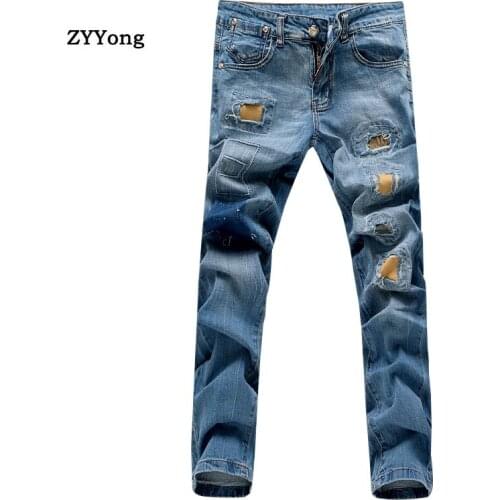 2020 New Stretch Ripped Patch Denim Jeans Men Straight Pants Fashion Classic Slim Leisure Blue Hole Cowboy Trousers