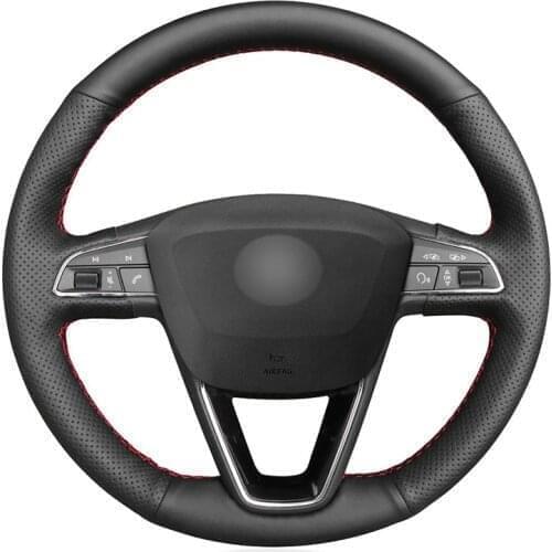 Hand-stitched Black Genuine Leather Car Steering Wheel Cover for Seat Leon Ibiza 6J 2016-2019 Arona Alhambra 5F Mk3 2013-2018